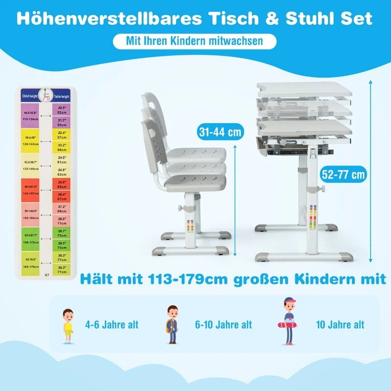 Costway - Schreibtisch Kinder, Höhenverstellbares Kinderschreibtisch Set, mit Neigbarer Tischplatte, Tisch kann bis 60 kg, Stuhl bis 100 kg, Grau