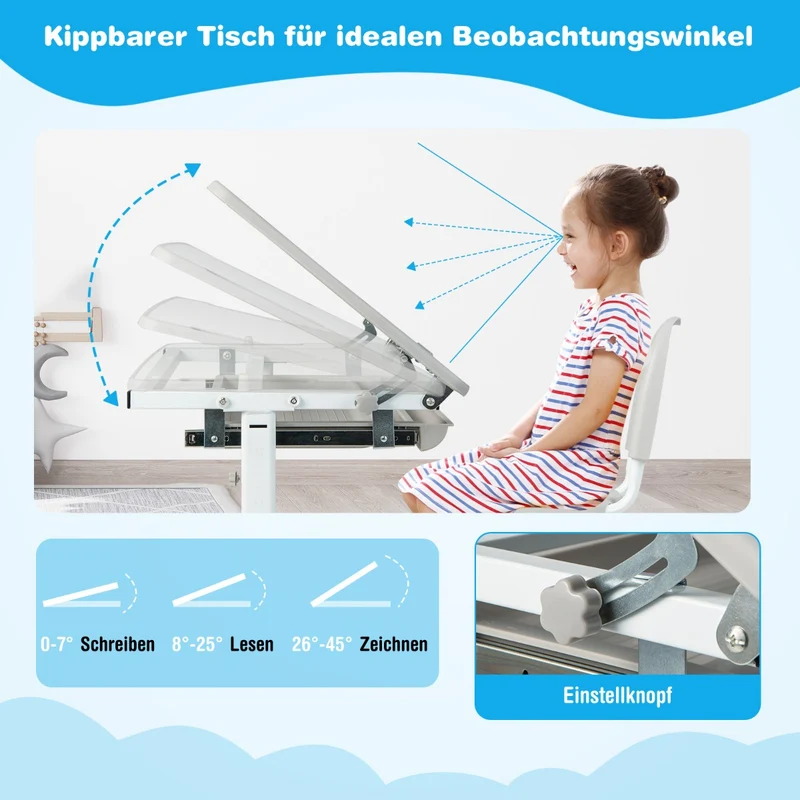 Costway - Schreibtisch Kinder, Höhenverstellbares Kinderschreibtisch Set, mit Neigbarer Tischplatte, Tisch kann bis 60 kg, Stuhl bis 100 kg, Grau