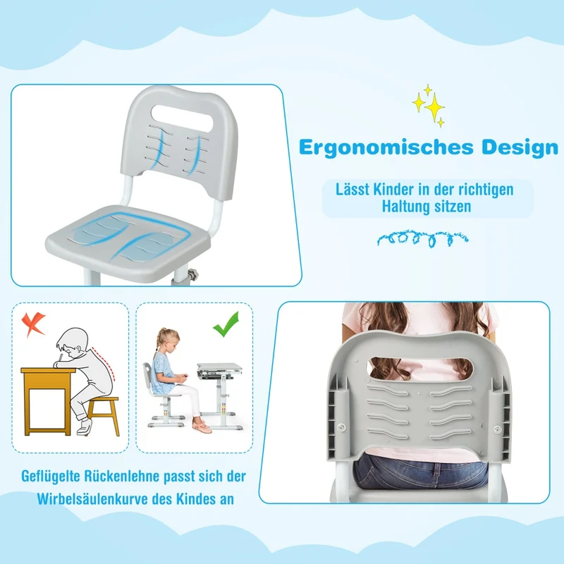 Costway - Schreibtisch Kinder, Höhenverstellbares Kinderschreibtisch Set, mit Neigbarer Tischplatte, Tisch kann bis 60 kg, Stuhl bis 100 kg, Grau