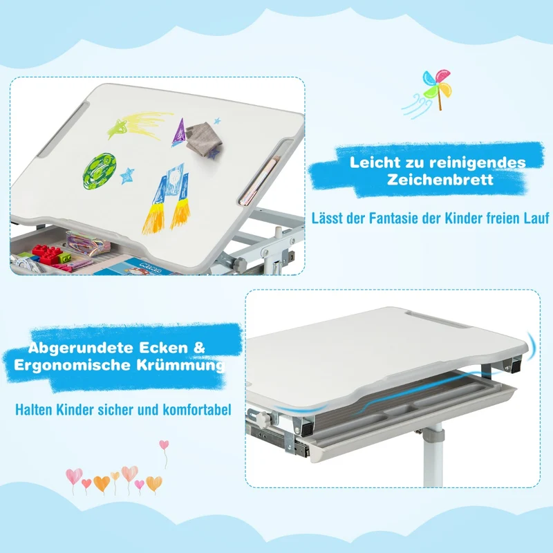 Costway - Schreibtisch Kinder, Höhenverstellbares Kinderschreibtisch Set, mit Neigbarer Tischplatte, Tisch kann bis 60 kg, Stuhl bis 100 kg, Grau