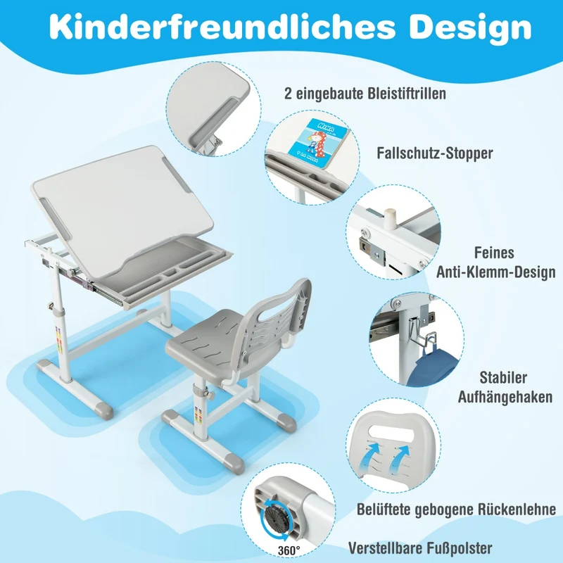 Costway - Schreibtisch Kinder, Höhenverstellbares Kinderschreibtisch Set, mit Neigbarer Tischplatte, Tisch kann bis 60 kg, Stuhl bis 100 kg, Grau