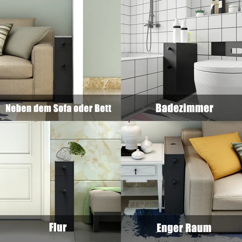Costway - Badschrank, Schmaler Nischenregal mit Schubladen, Badschrank aus Holz, Seitenschrank, Schwarz