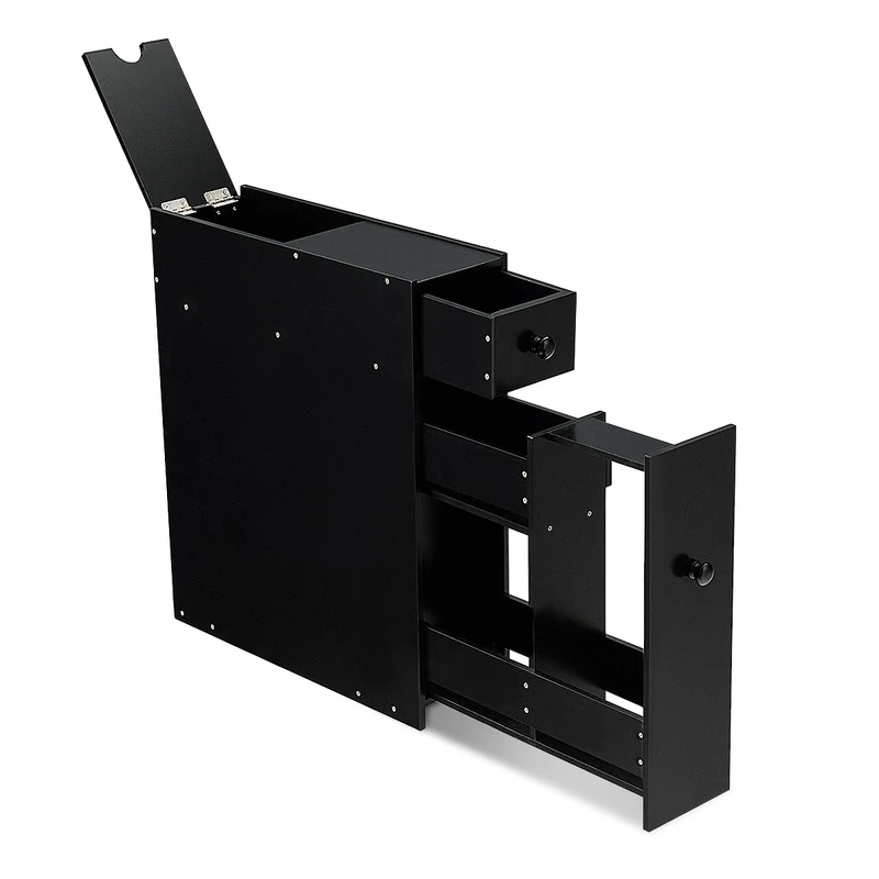 Costway - Badschrank, Schmaler Nischenregal mit Schubladen, Badschrank aus Holz, Seitenschrank, Schwarz