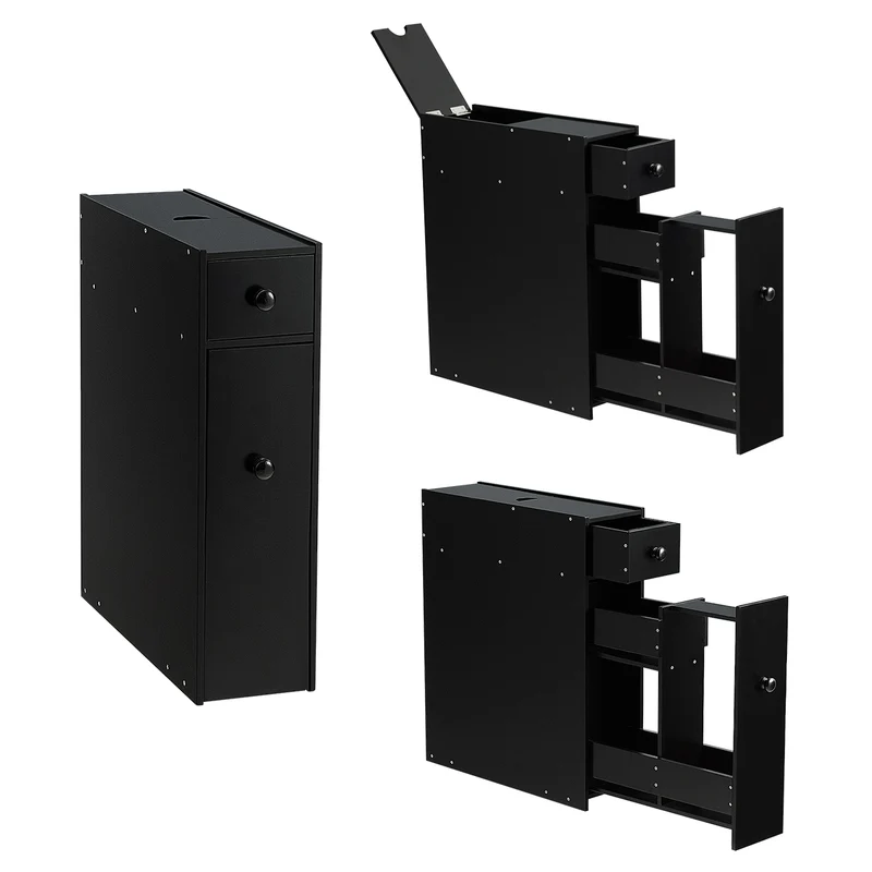 Costway - Badschrank, Schmaler Nischenregal mit Schubladen, Badschrank aus Holz, Seitenschrank, Schwarz
