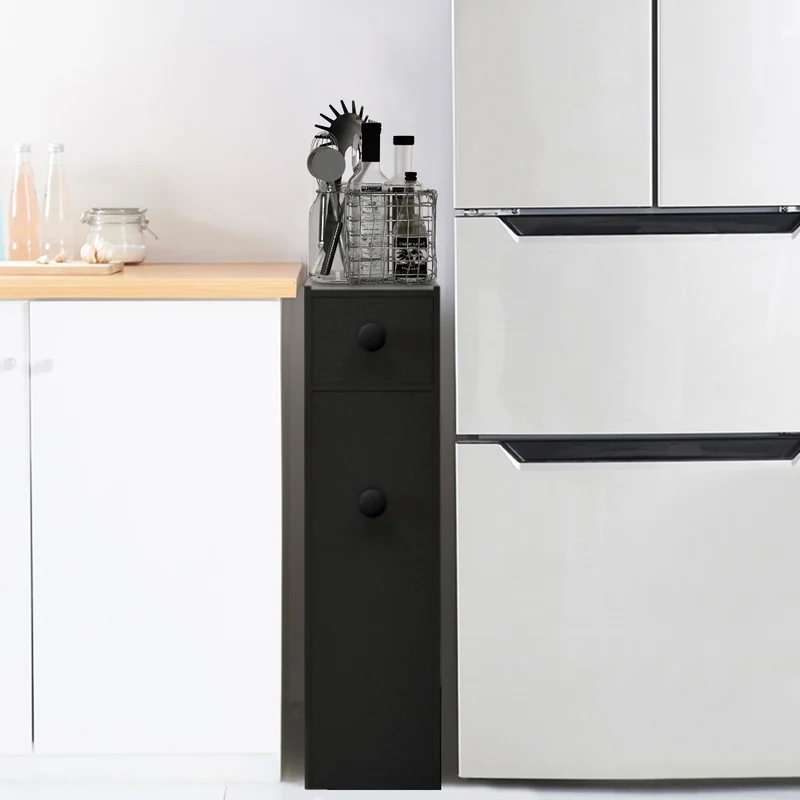 Costway - Badschrank, Schmaler Nischenregal mit Schubladen, Badschrank aus Holz, Seitenschrank, Schwarz