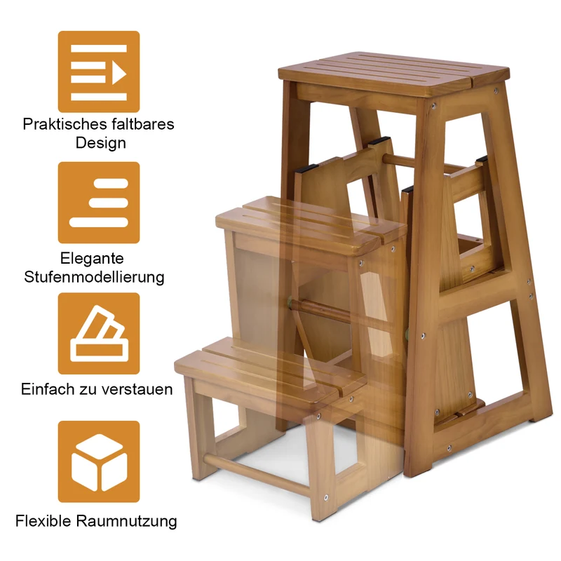 Costway - Trittleiter, Trittleiter 3 Stufen, Tritt Klappbar, Trittleiter Holz, Trittleiter Klappbar, Tritthocker, Holzleiter Klappbar, Walnuss