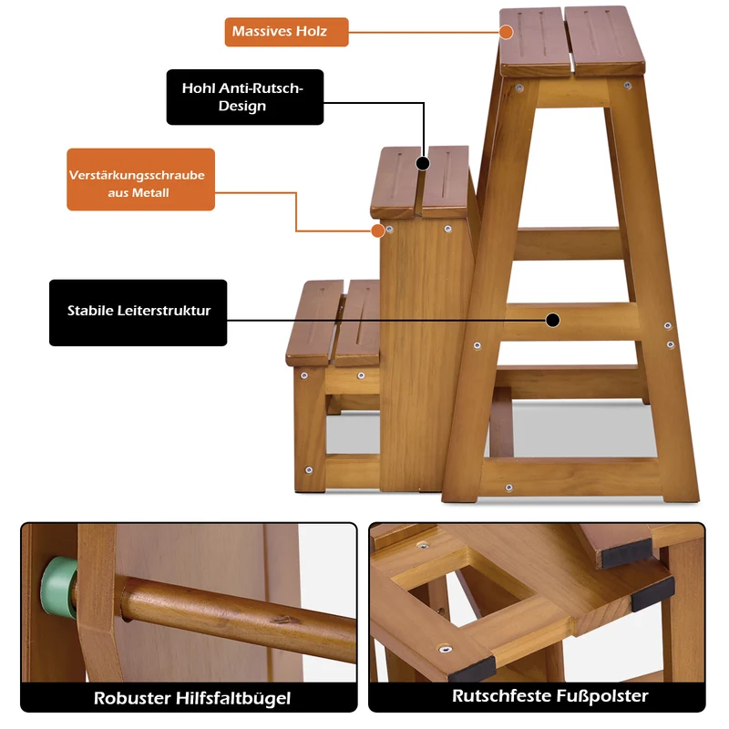 Costway - Trittleiter, Trittleiter 3 Stufen, Tritt Klappbar, Trittleiter Holz, Trittleiter Klappbar, Tritthocker, Holzleiter Klappbar, Walnuss