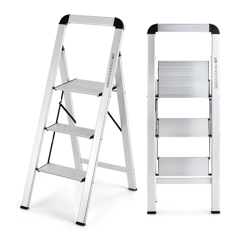 Costway – Klappbare Aluminium-Trittleiter mit 3 rutschfesten Stufen, bis 150 kg, 4,5 kg, Silber