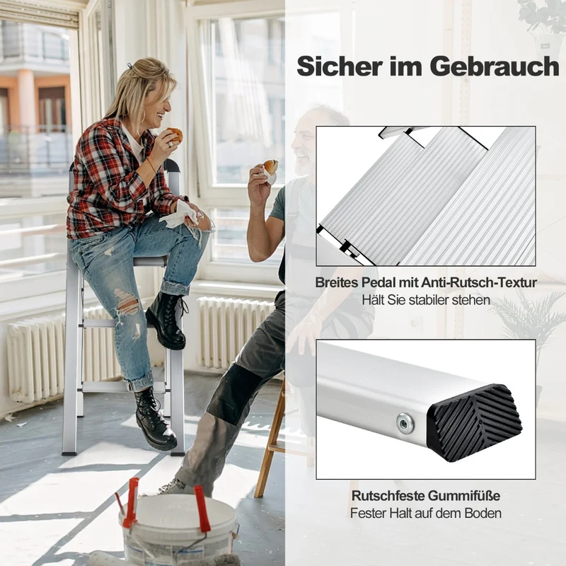 Costway – Klappbare Aluminium-Trittleiter mit 3 rutschfesten Stufen, bis 150 kg, 4,5 kg, Silber