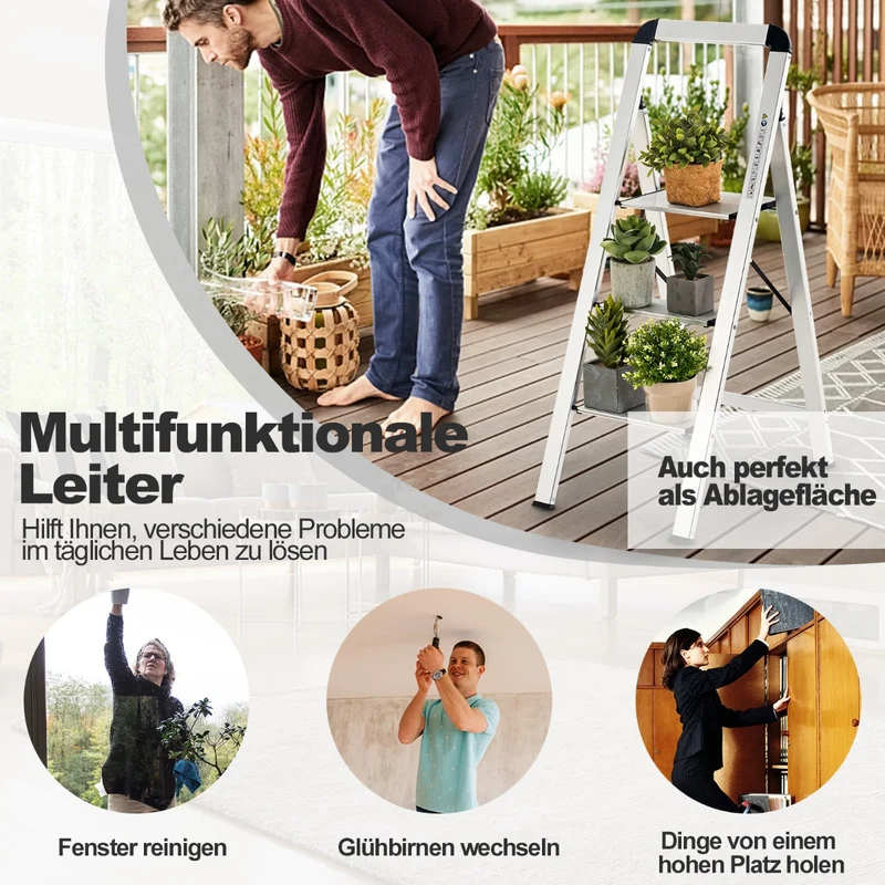 Costway – Klappbare Aluminium-Trittleiter mit 3 rutschfesten Stufen, bis 150 kg, 4,5 kg, Silber