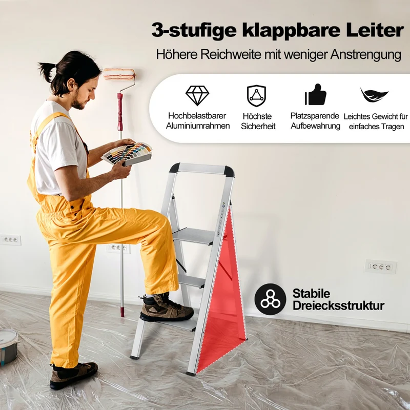 Costway – Klappbare Aluminium-Trittleiter mit 3 rutschfesten Stufen, bis 150 kg, 4,5 kg, Silber