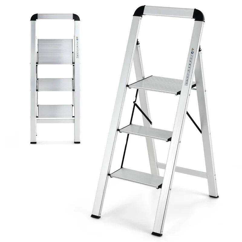 Costway – Klappbare Aluminium-Trittleiter mit 3 rutschfesten Stufen, bis 150 kg, 4,5 kg, Silber