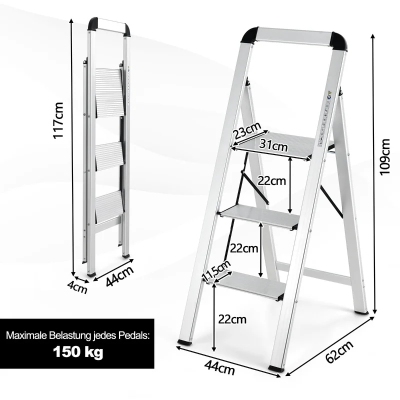Costway – Klappbare Aluminium-Trittleiter mit 3 rutschfesten Stufen, bis 150 kg, 4,5 kg, Silber