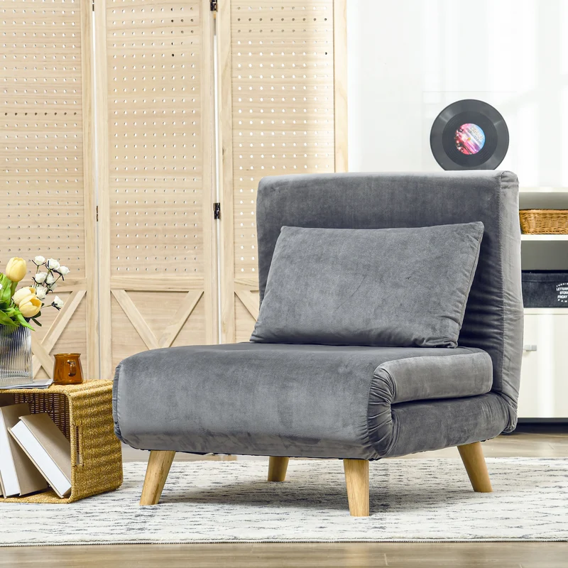HOMCOM - Schlafsofa, Schlafsessel, Klappsessel mit Bettfunktion & Kissen, Gästebett mit Verstellbarer Rückenlehne, Samtoptik, bis 125 kg, Grau