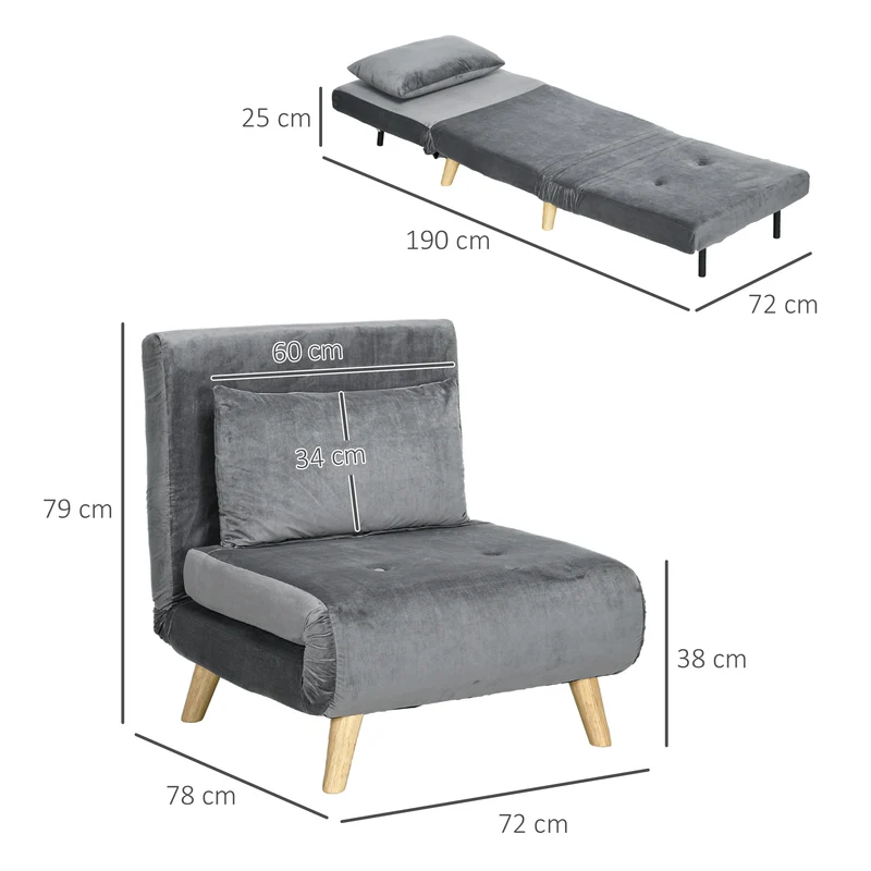 HOMCOM - Schlafsofa, Schlafsessel, Klappsessel mit Bettfunktion & Kissen, Gästebett mit Verstellbarer Rückenlehne, Samtoptik, bis 125 kg, Grau