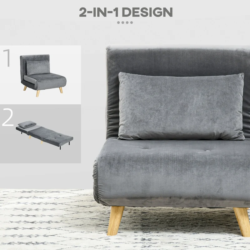 HOMCOM - Schlafsofa, Schlafsessel, Klappsessel mit Bettfunktion & Kissen, Gästebett mit Verstellbarer Rückenlehne, Samtoptik, bis 125 kg, Grau
