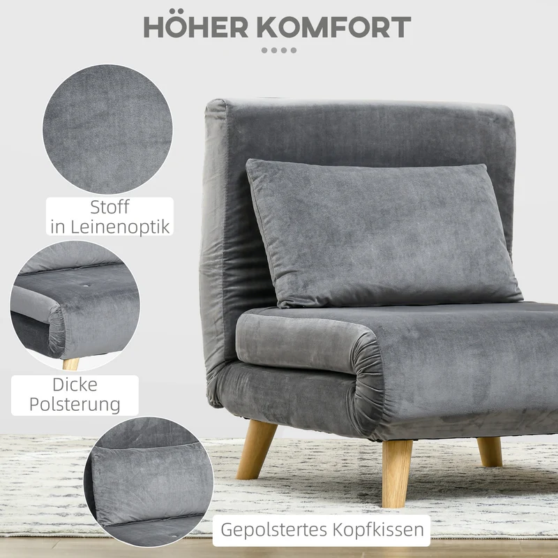 HOMCOM - Schlafsofa, Schlafsessel, Klappsessel mit Bettfunktion & Kissen, Gästebett mit Verstellbarer Rückenlehne, Samtoptik, bis 125 kg, Grau