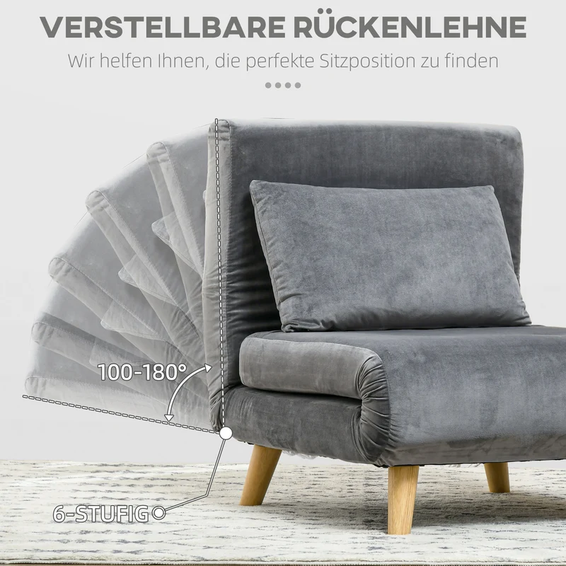 HOMCOM - Schlafsofa, Schlafsessel, Klappsessel mit Bettfunktion & Kissen, Gästebett mit Verstellbarer Rückenlehne, Samtoptik, bis 125 kg, Grau