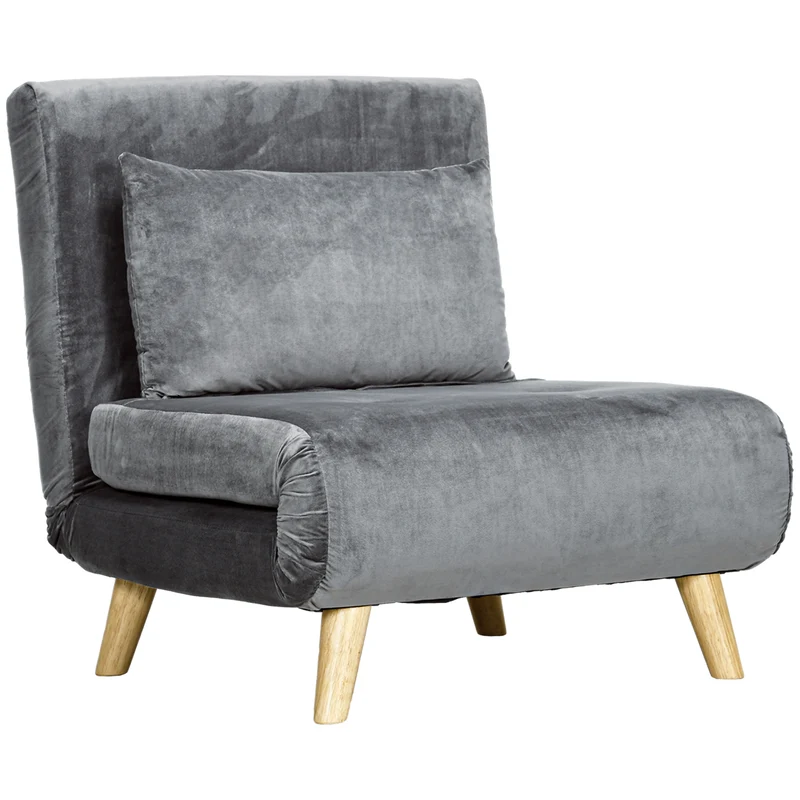 HOMCOM - Schlafsofa, Schlafsessel, Klappsessel mit Bettfunktion & Kissen, Gästebett mit Verstellbarer Rückenlehne, Samtoptik, bis 125 kg, Grau