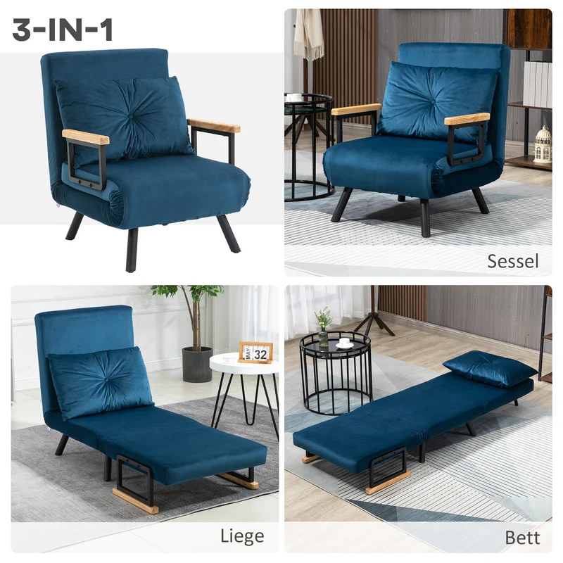 HOMCOM – Schlafsessel mit Bettfunktion, 5-fach verstellbarer Rückenlehne und Kissen, bis 120 kg, Blau