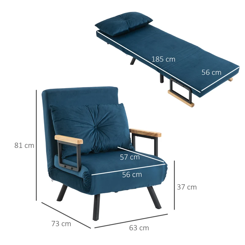 HOMCOM – Schlafsessel mit Bettfunktion, 5-fach verstellbarer Rückenlehne und Kissen, bis 120 kg, Blau