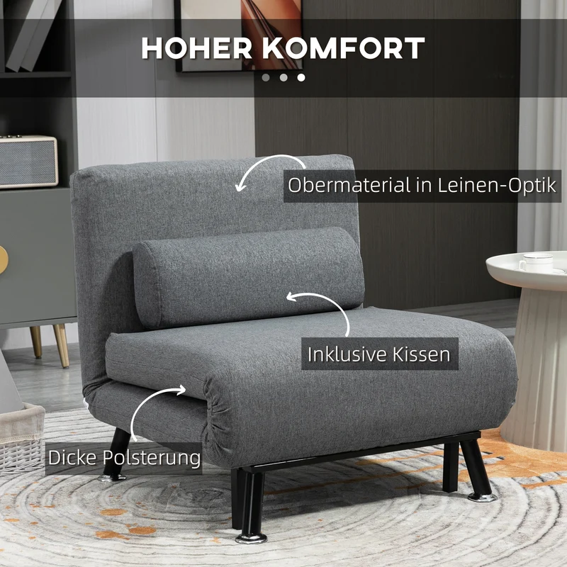 HOMCOM - Schlafsofa, Schlafsessel, bis 150 Kg, Klappsessel mit Bettfunktion, Verstellbare Rückenlehne, Dunkelgrau