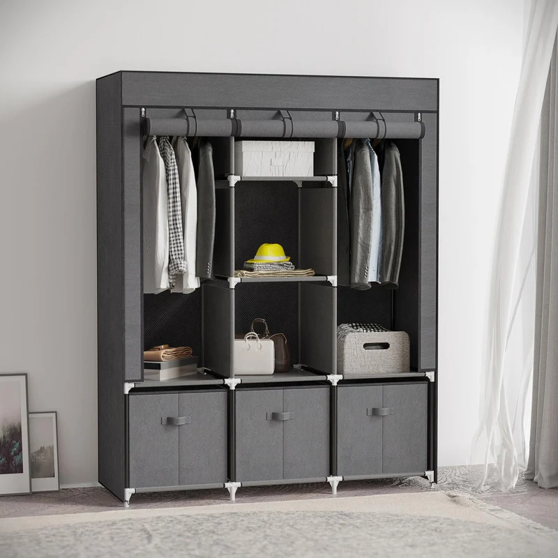 HOMCOM - Stoffkleiderschrank, Faltschrank, Faltbarer Kleiderschrank, Stoffschrank, Garderobe Faltbar, mit Reißverschluss, Vliesstoff, Dunkelgrau