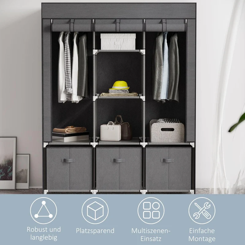 HOMCOM - Stoffkleiderschrank, Faltschrank, Faltbarer Kleiderschrank, Stoffschrank, Garderobe Faltbar, mit Reißverschluss, Vliesstoff, Dunkelgrau