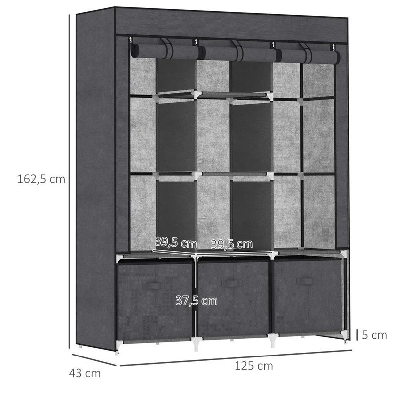 HOMCOM - Stoffkleiderschrank, Faltschrank, Faltbarer Kleiderschrank, Stoffschrank, Garderobe Faltbar, mit Reißverschluss, Vliesstoff, Dunkelgrau