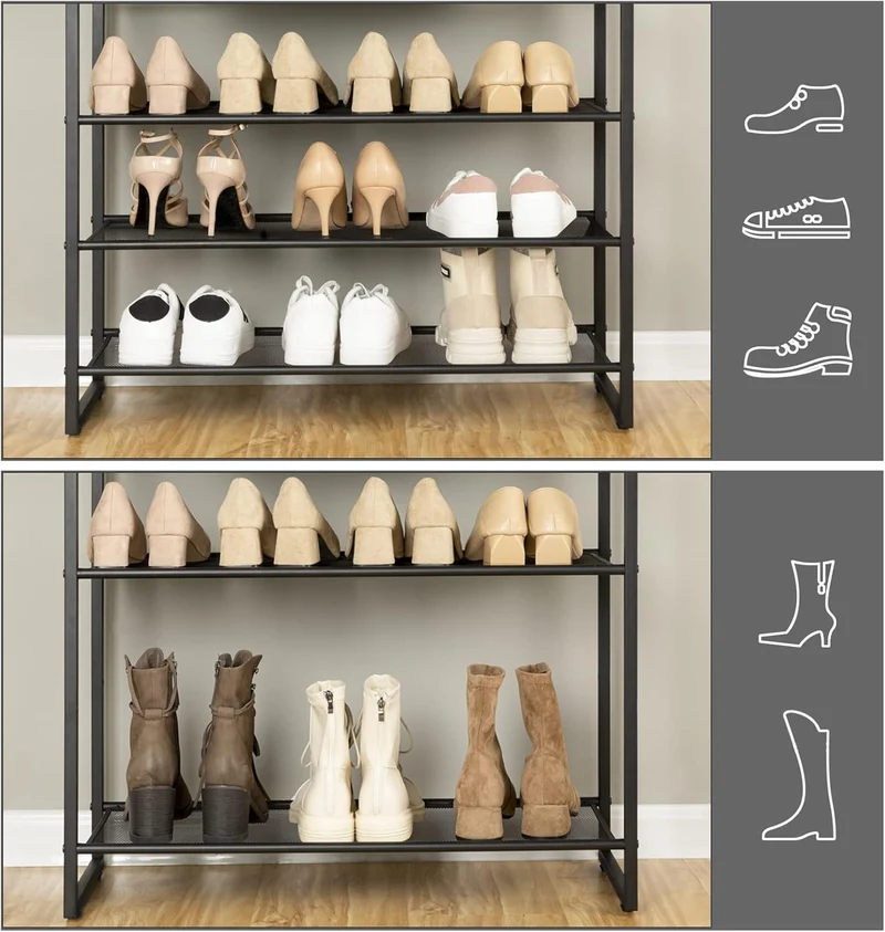 HOOBRO - Schuhregal, 10 Ebenen, Schuhregal metall, 9 Netzablage für 32-40 Paar, Schuhregal Schmal Hoch, 75x28,5x159 cm, Schuhschrank Hoch, Braun-Schwarz
