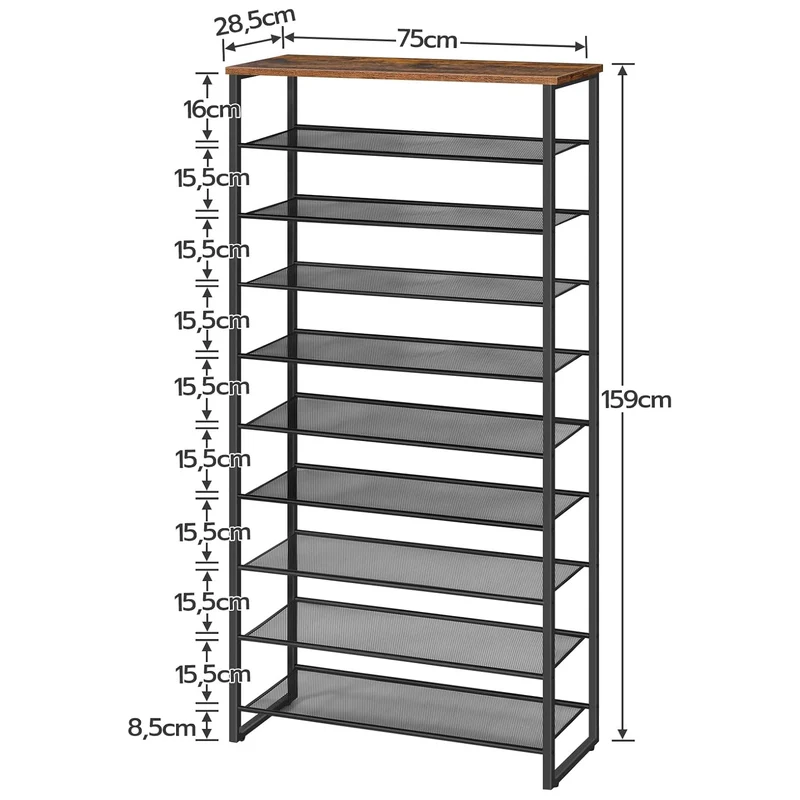 HOOBRO - Schuhregal, 10 Ebenen, Schuhregal metall, 9 Netzablage für 32-40 Paar, Schuhregal Schmal Hoch, 75x28,5x159 cm, Schuhschrank Hoch, Braun-Schwarz