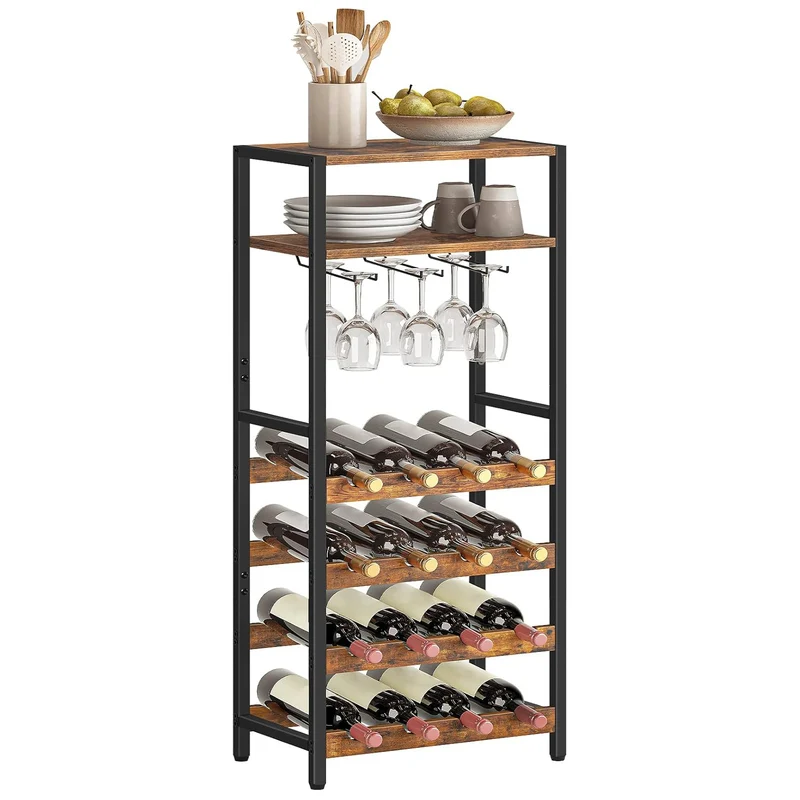 HOOBRO - Weinregal, Flaschenregal, für 16 Flaschen, Weinständer, mit Tischplatte, Weinglashalter, 41,5x24x100 cm, Weinregal metall, Braun-schwarz