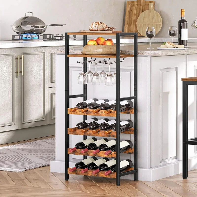 HOOBRO - Weinregal, Flaschenregal, für 16 Flaschen, Weinständer, mit Tischplatte, Weinglashalter, 41,5x24x100 cm, Weinregal metall, Braun-schwarz