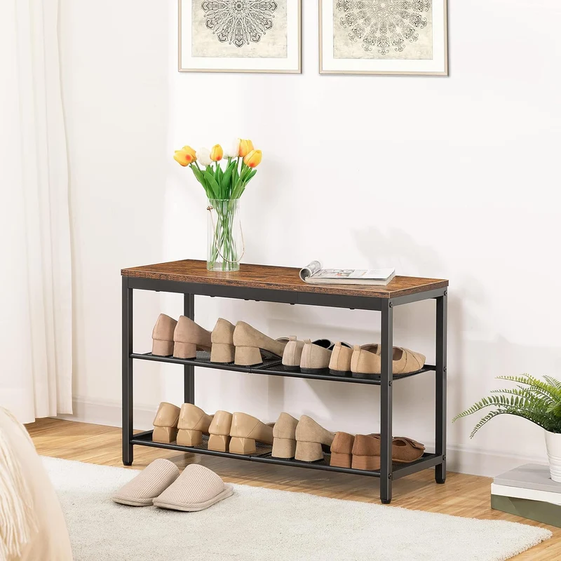 HOOBRO – Schuhbank mit 2 Netzablagen, 75 × 28,5 × 48,5 cm, bis 136 kg, Braun/Schwarz