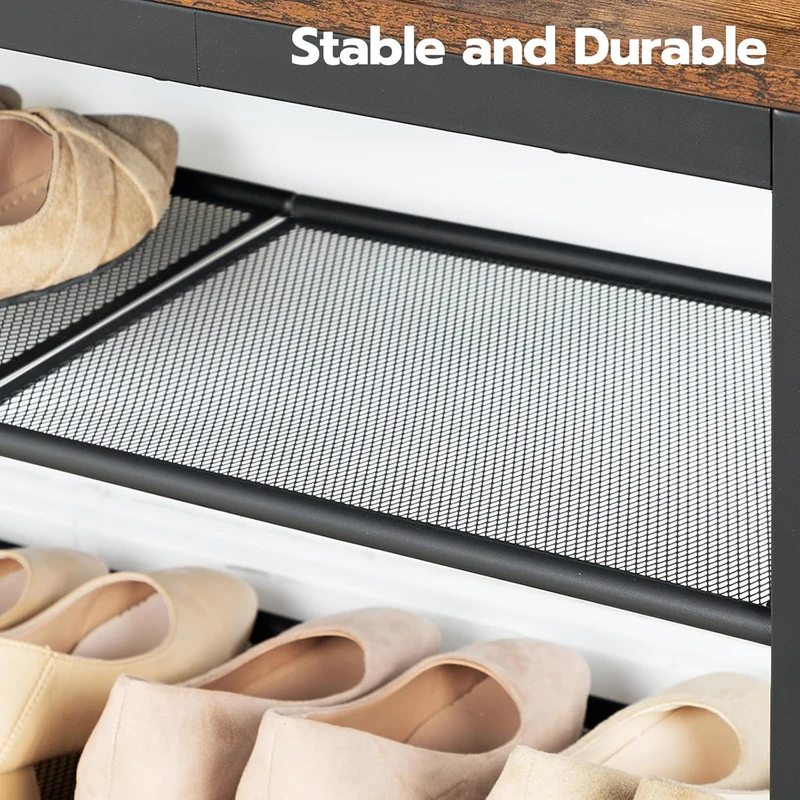 HOOBRO – Schuhbank mit 2 Netzablagen, 75 × 28,5 × 48,5 cm, bis 136 kg, Braun/Schwarz