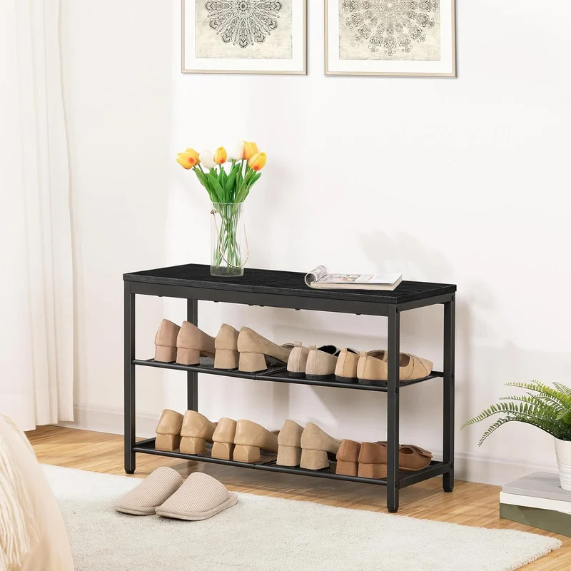 HOOBRO – Schuhbank mit 2 Netzablagen, 75 × 28,5 × 48,5 cm, bis 136 kg, Schwarz