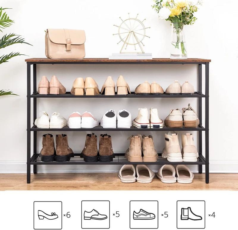 HOOBRO - Schuhregal, 4 Ebenen, Schuhregal metall, mit Tischplatte und 3 Netzablage, Schuhregal Schmal, 100 x 30 x 68 cm, Schuhablage, Braun-Schwarz