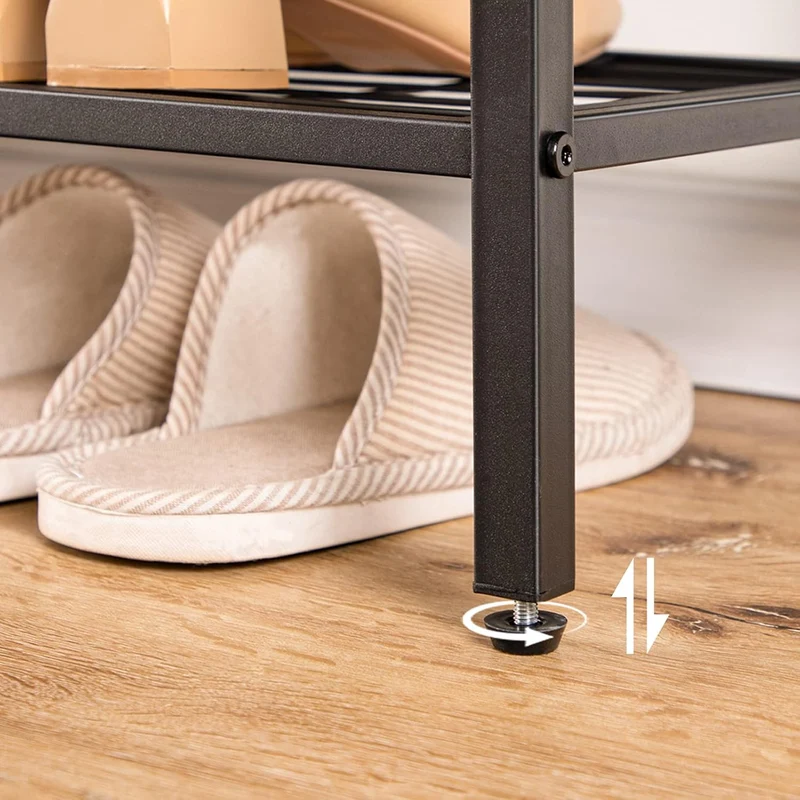 HOOBRO - Schuhregal, 4 Ebenen, Schuhregal metall, mit Tischplatte und 3 Netzablage, Schuhregal Schmal, 100 x 30 x 68 cm, Schuhablage, Braun-Schwarz