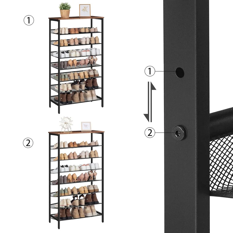 HOOBRO - Schuhregal, 8 Ebenen, Schuhschrank, 7 verstellbares netzablage, für 24-32 Paar, Schuhregal Schmal Hoch, 75x30x137 cm, Metall, Braun-schwarz