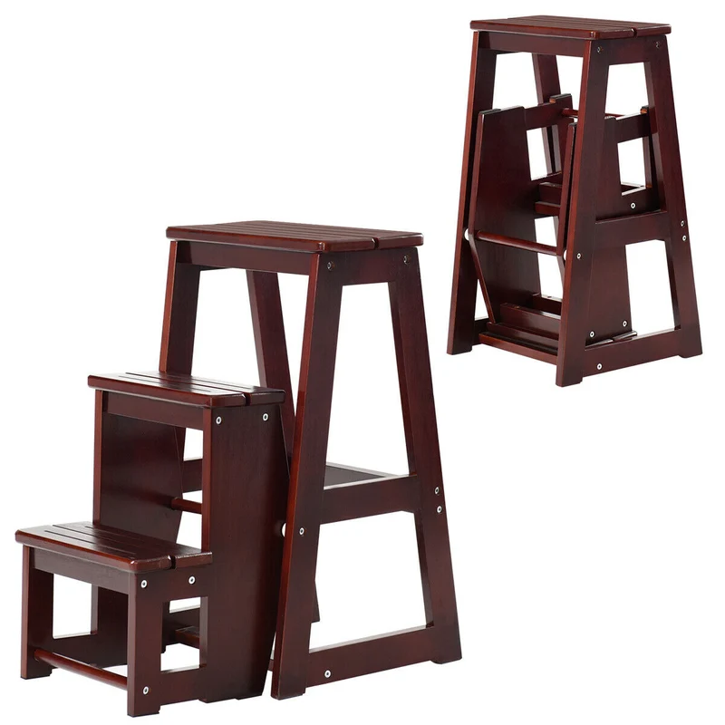 Costway – Klappbarer Leiterstuhl aus massivem Kiefernholz mit 3 Stufen, 38,5 × 57 × 66 cm, Braun