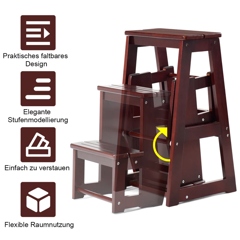 Costway – Klappbarer Leiterstuhl aus massivem Kiefernholz mit 3 Stufen, 38,5 × 57 × 66 cm, Braun
