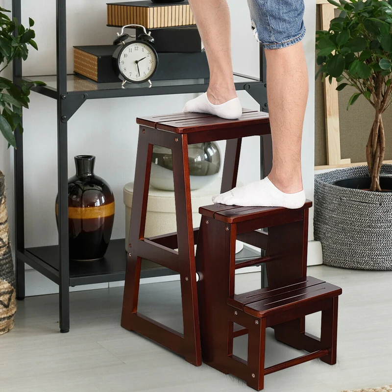 Costway – Klappbarer Leiterstuhl aus massivem Kiefernholz mit 3 Stufen, 38,5 × 57 × 66 cm, Braun