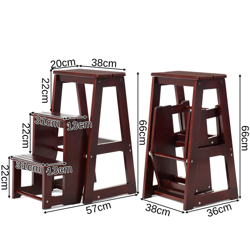 Costway – Klappbarer Leiterstuhl aus massivem Kiefernholz mit 3 Stufen, 38,5 × 57 × 66 cm, Braun
