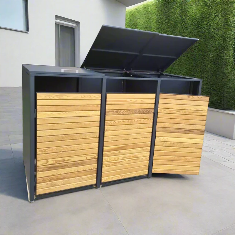 PREMIUM Holz Mülltonnenbox 3er mit Klappdach