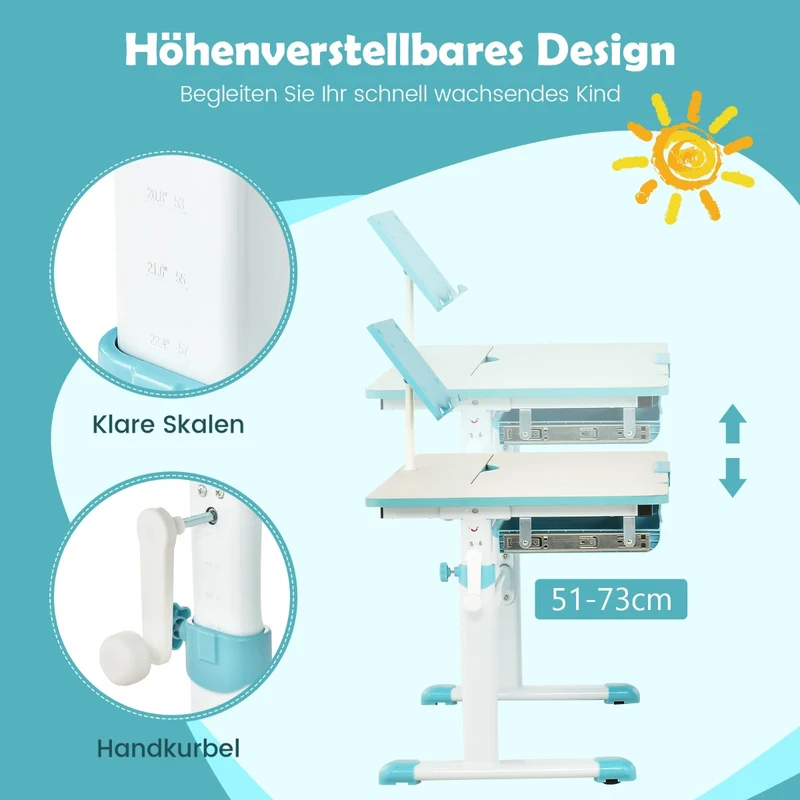 Costway - Schreibtisch Kinder, Stabil, Höhenverstellbares Kinderschreibtisch, Tischhöhe von 51 cm bis 73 cm, Blau