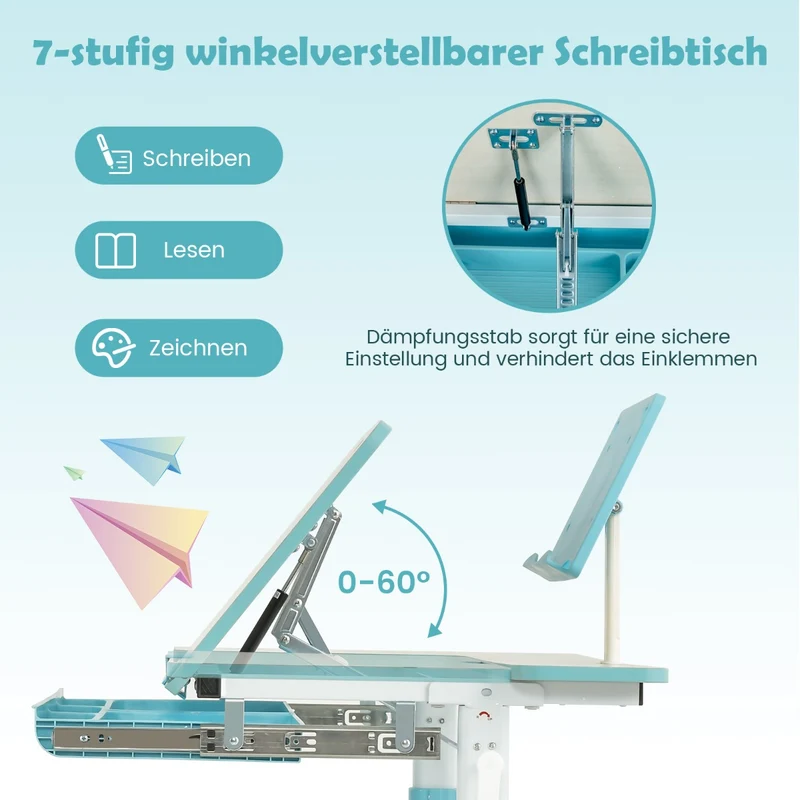 Costway - Schreibtisch Kinder, Stabil, Höhenverstellbares Kinderschreibtisch, Tischhöhe von 51 cm bis 73 cm, Blau