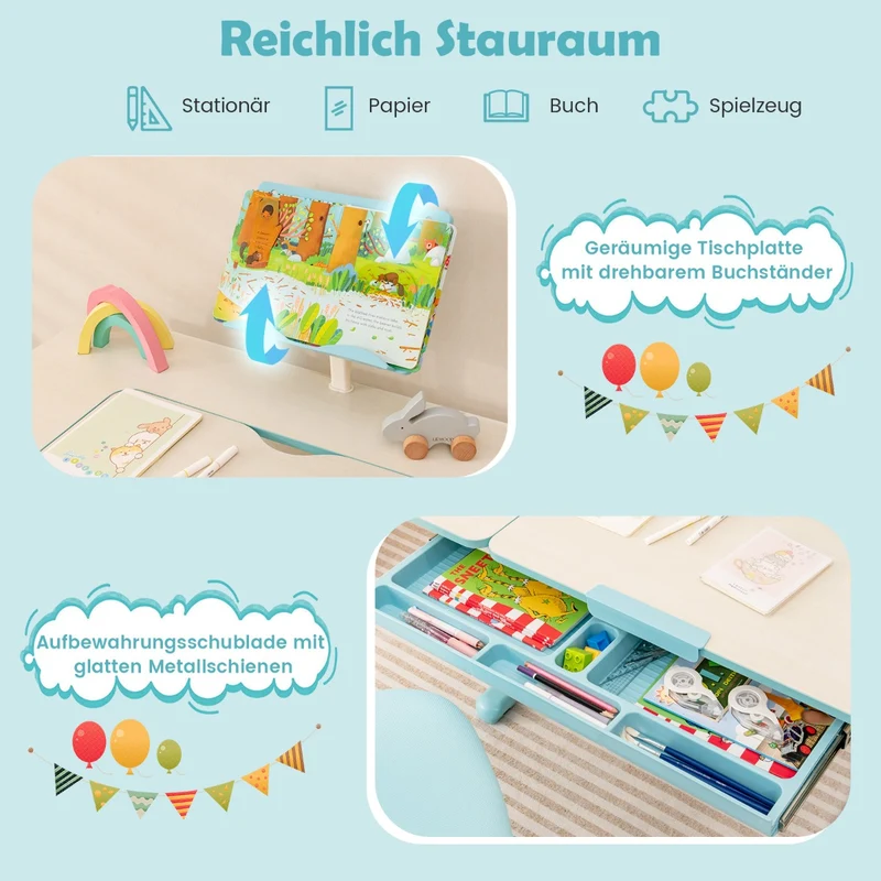 Costway - Schreibtisch Kinder, Stabil, Höhenverstellbares Kinderschreibtisch, Tischhöhe von 51 cm bis 73 cm, Blau