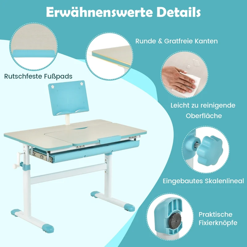 Costway - Schreibtisch Kinder, Stabil, Höhenverstellbares Kinderschreibtisch, Tischhöhe von 51 cm bis 73 cm, Blau