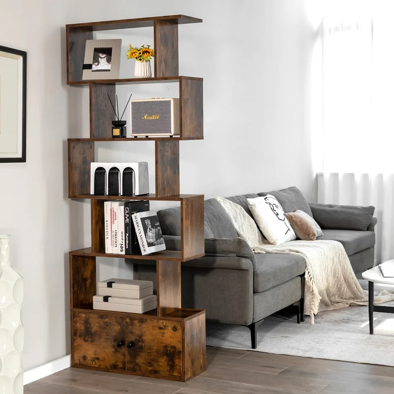 Costway - Bücherregal, Bücherregal 5 Ebenen, mit Türen, Standregal, aus Holz, 183 x 70 x 23 cm, Raumteiler Braun