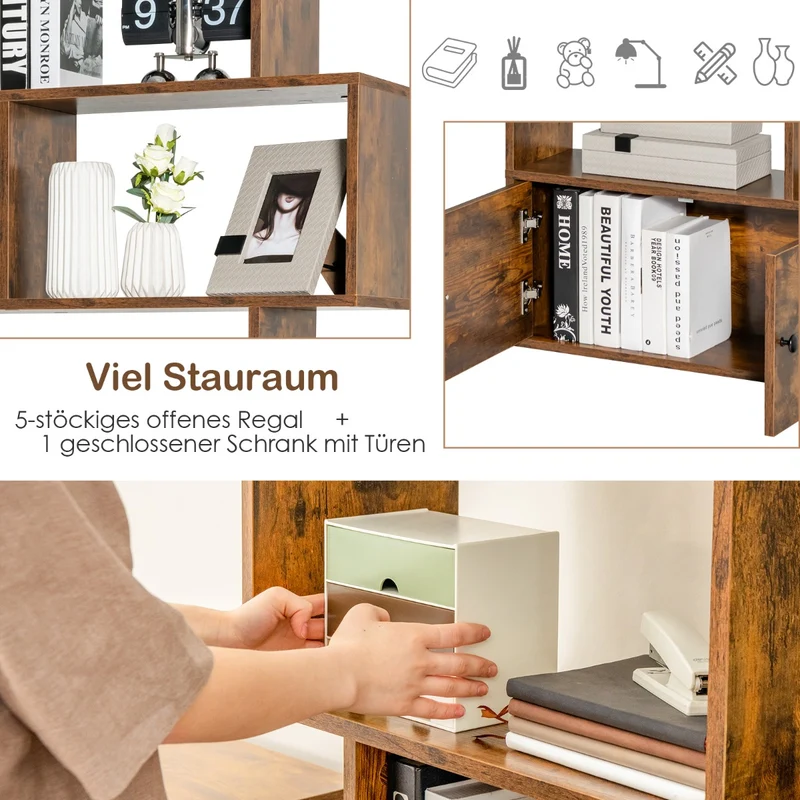 Costway - Bücherregal, Bücherregal 5 Ebenen, mit Türen, Standregal, aus Holz, 183 x 70 x 23 cm, Raumteiler Braun